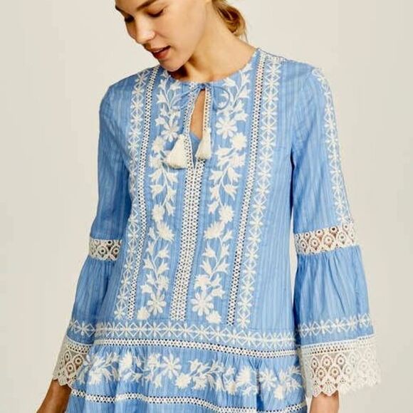 $498 EUC Tory Burch Gabriella Blue White Embroidered Dress Size 2 Perfect - Picture 2 of 10